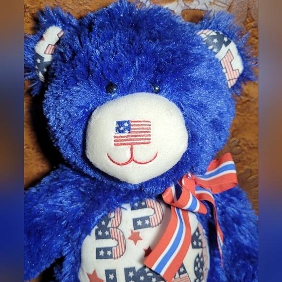 USA Teddy Bear Blue Plush~ Flag Nose~ Red White & Blue Bow~ Fourth Of July Decor - Picture 4 of 4